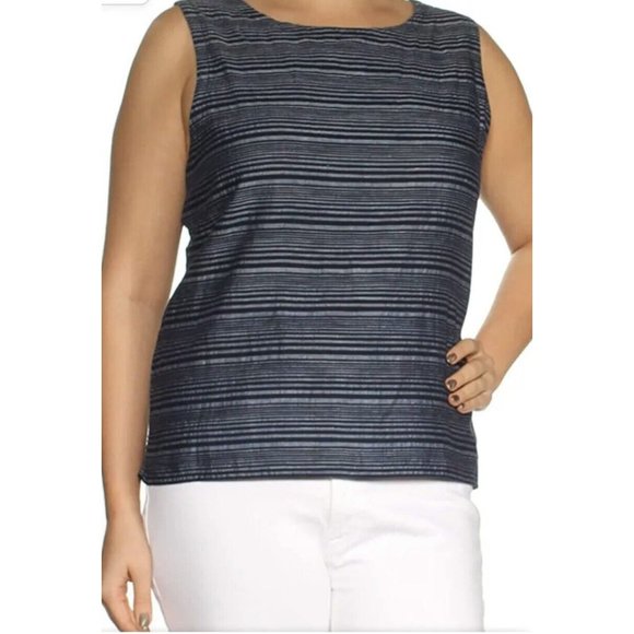 Eileen Fisher XL Organic Cotton Linen Modal Blend Blue Striped Tank Top EUC 9204 - Picture 2 of 8